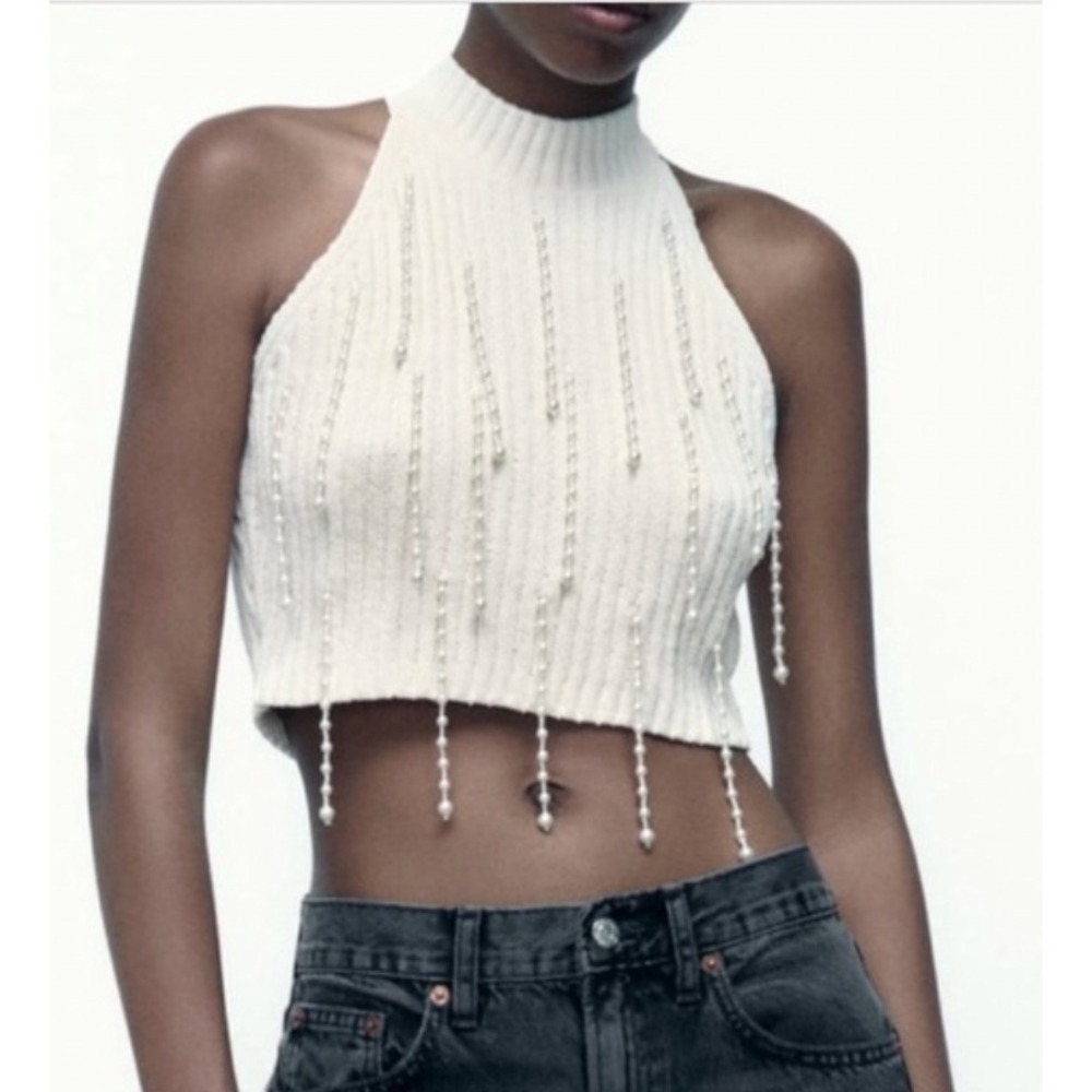 ZARA Women S Evening Glam Pearl Fringe Knit Halter Statement Crop Tank Ivory